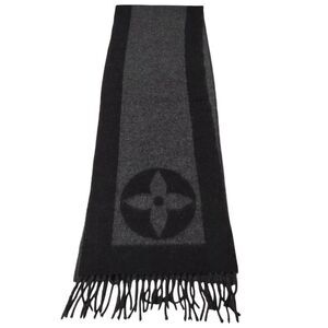 Authentic Louis Vuitton Gray Black Cashmere LV Monogram Baroda Scarf Stole Wrap